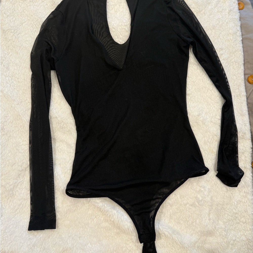 Bebe Black Mesh V-neck Keyhole Back Bodysuit